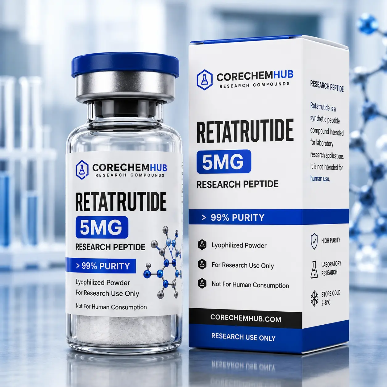 Retatrutide 5mg peptide research compound by CoreChemHub